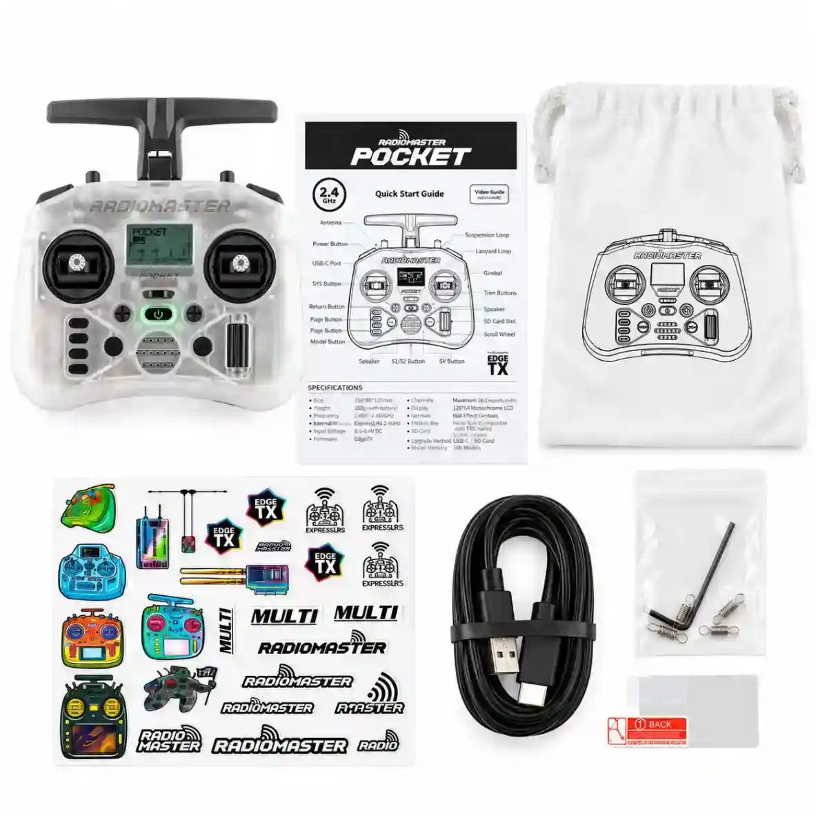 RadioMaster Pocket 2.4GHz ELRS Radio Controller for FPV Drones & RC – Transparent